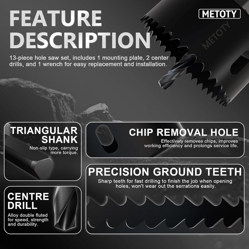 METOTO 22PCS Hole Saw Set - High Carbon Steel 19-152mm（3/4" to 6"） Blades for Drywall, Soft Wood, Plastic, PVC Professional Grade with Instant Support - Image 4